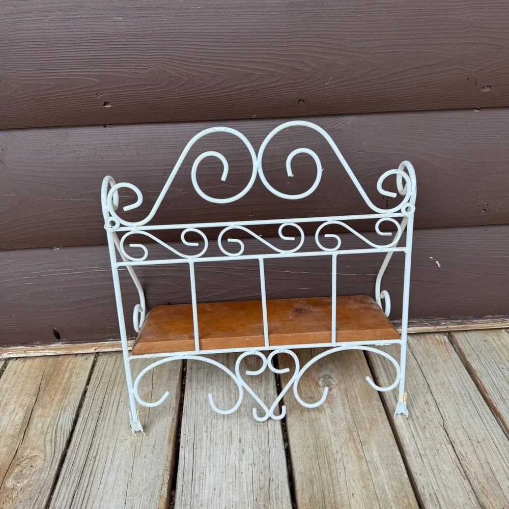 Vintage Wrought Iron Wall Shelf White Scrollwork Wood Inlay Cottagecore 16x14